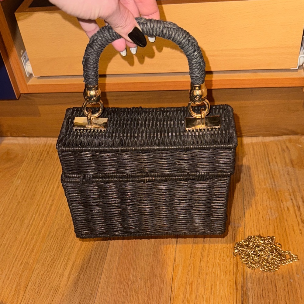 Zara Black Raffia Handbag with Gold Accents and chain - Picture 3 of 6